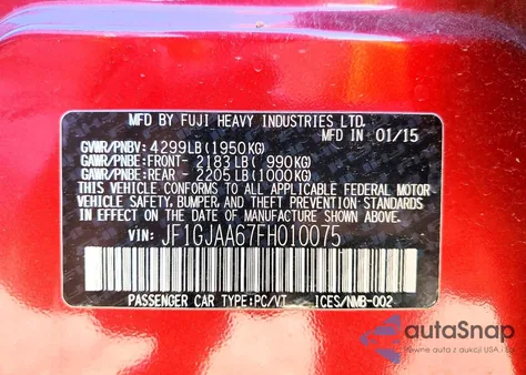 2015 Subaru Impreza z USA, uszkodzony, nr VIN JF1GJAA67FH010075